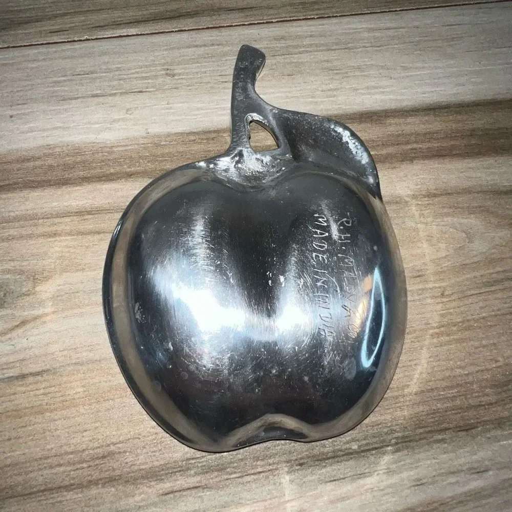 Pewter Apple Trinket Dish Tray Signed R H Macy & Co Made in India Silver Tone